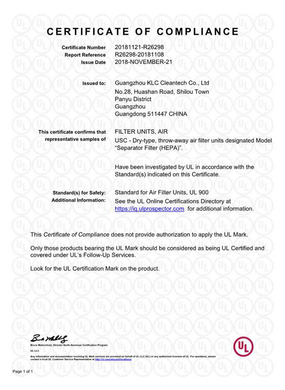 Separator Filter-UL-Certificate of Compliance